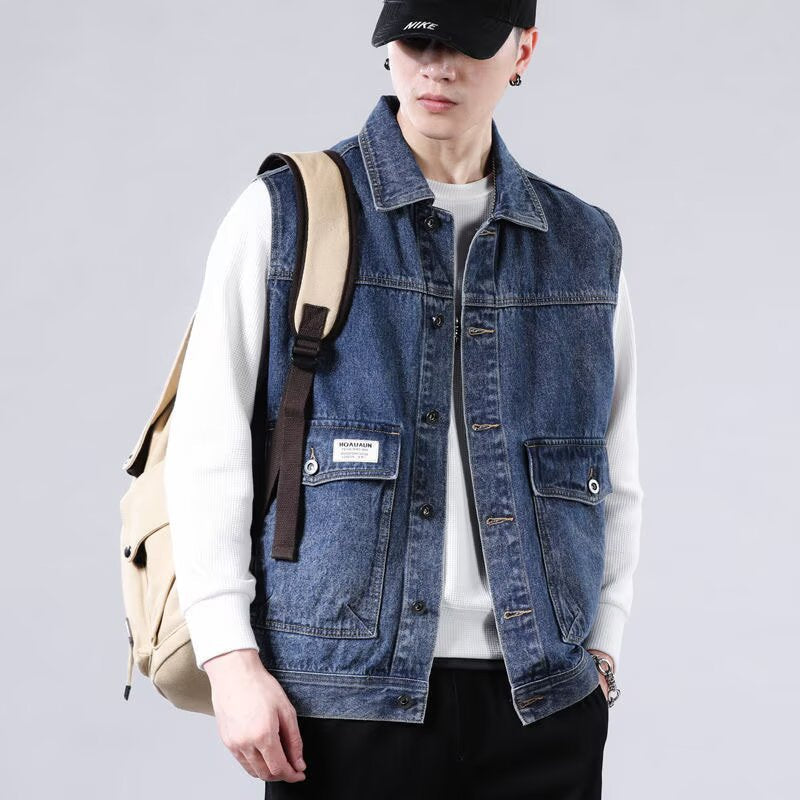 Herr Sleeveless Jeans Work Väst med Lock Fickor och Boxy Passform