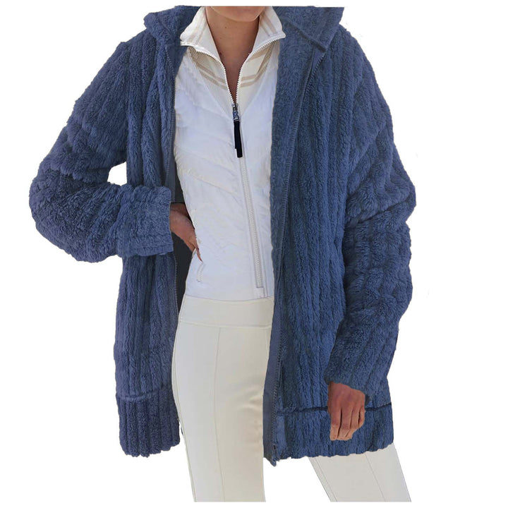 Dam Oversize Teddy-fleece Hooded kappa med ribbstickade muddar och sidofickor