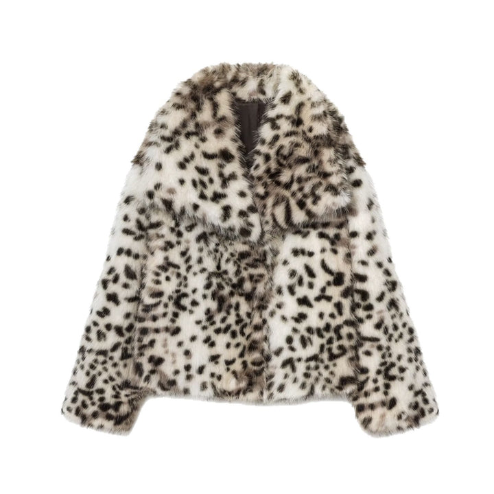 Dam Kort Jacka Gjord av Konstpäls med Leopardmönster och Voluminous Sjalrakrage