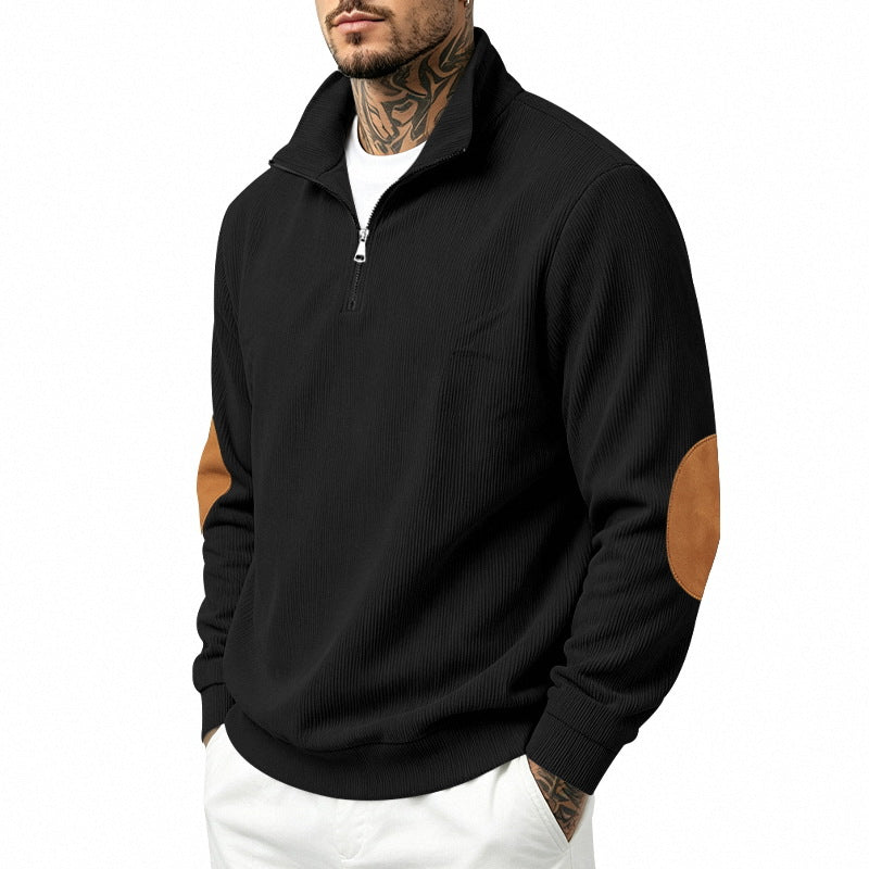 Herr Light Strukturerad Halv Dragkedja Pullover med Cord Elbow Lappar och Ståkrage