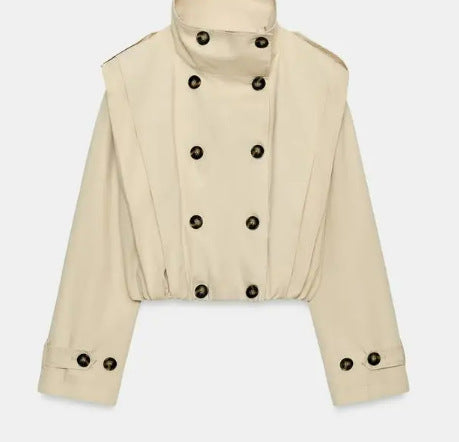 Dam Kort Trenchcoat med Double-Breasted Knapp Knäppning, Hög Stå Krage och Tailored Elastic Waistband