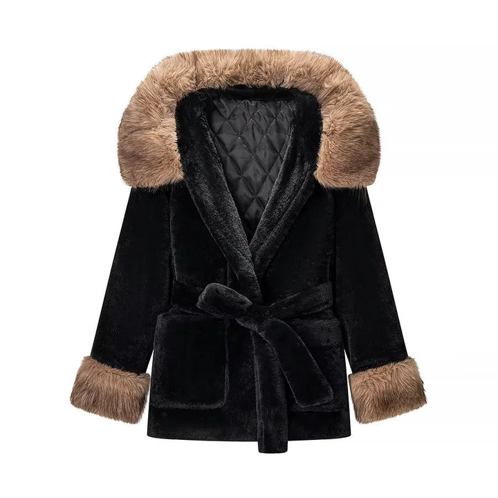 Dam mysig faux fur kappa jacka med huva, midjebälte och kontrast foder