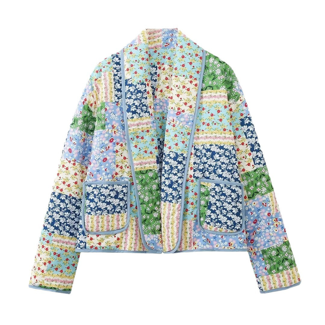 Dam kort kort kviltad Patchwork jacka med utanpåfickor