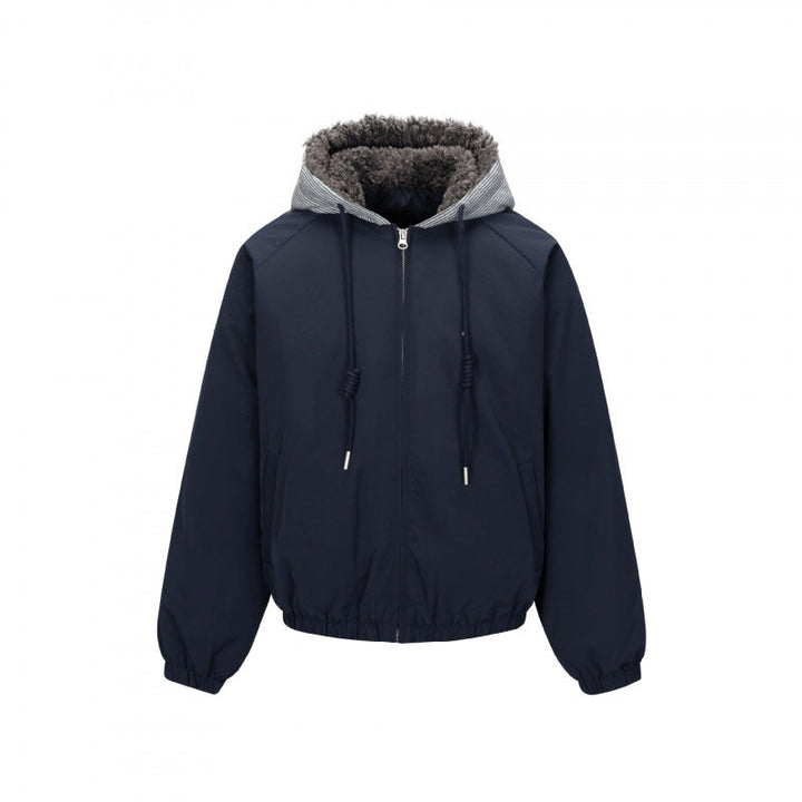 Herr vadderad hoodiejacka i Bomber Stil med teddyfoder och elastisk fåll