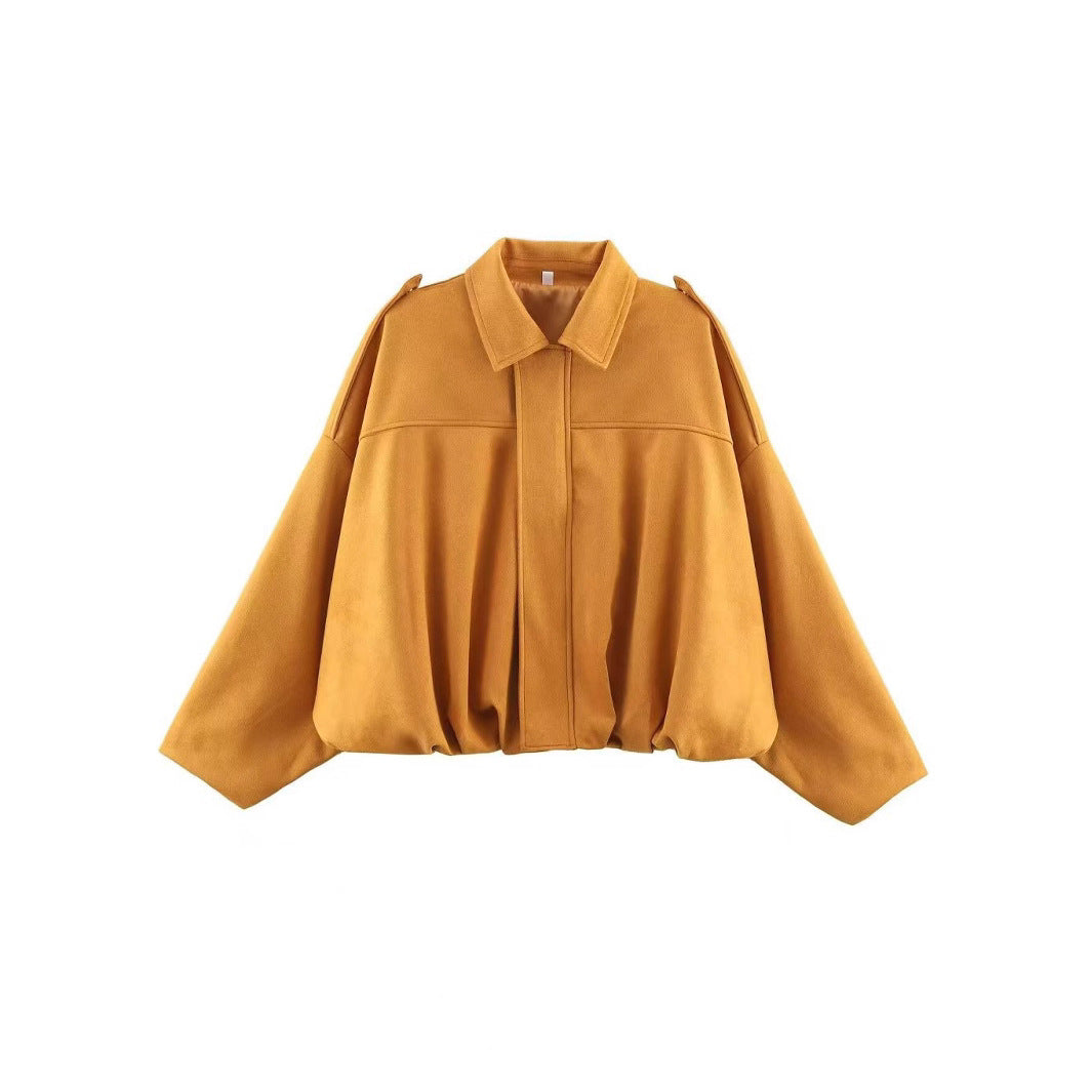 Dam Kort Boxig Övergångsjacka i Suede Look med Epaulettes