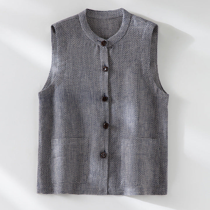 Dam ärmlös Textured Knit väst med Round Neckline, knappslå och utanpåfickor