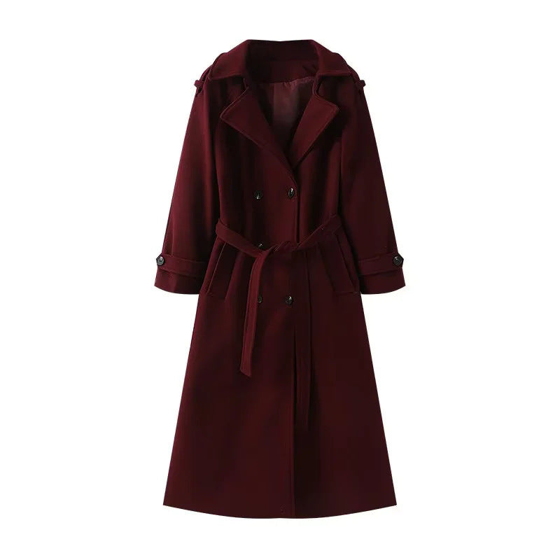 Dam longer ullblandning trenchcoat med sjalkrage, midjebälte, och double-breasted knäppning