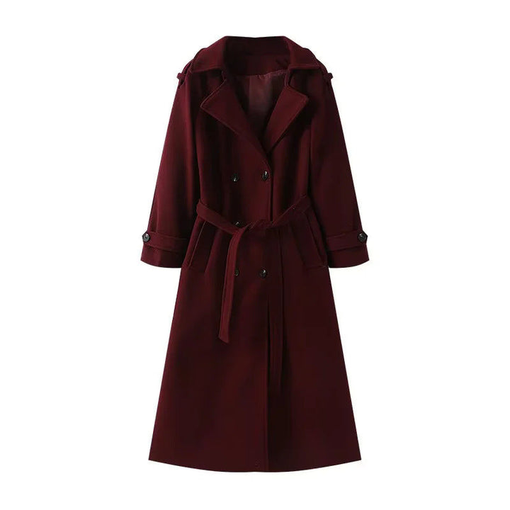 Dam longer ullblandning trenchcoat med sjalkrage, midjebälte, och double-breasted knäppning