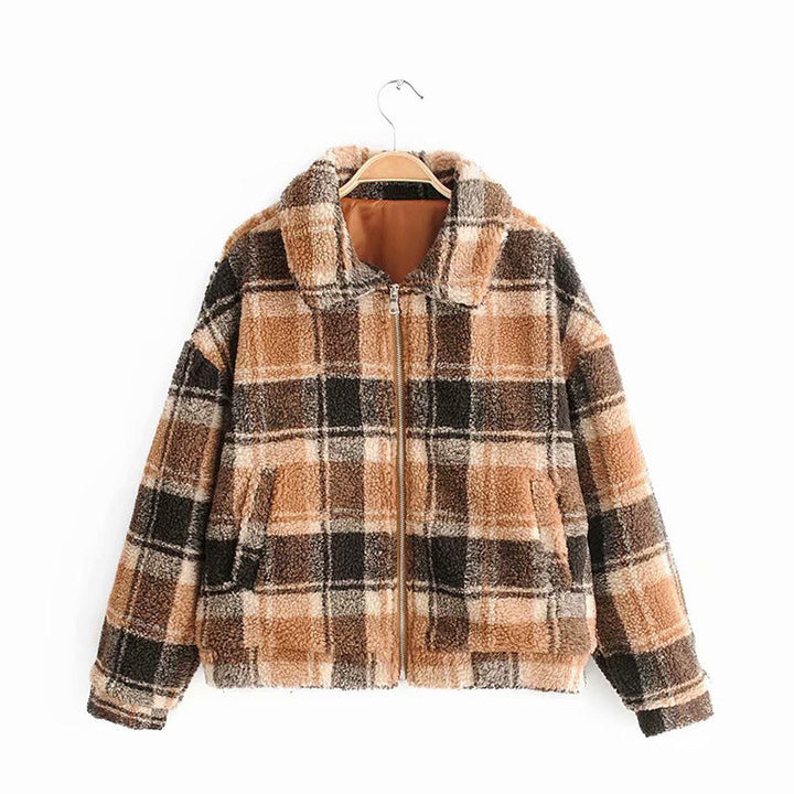 Dam Checked teddy jacka med dragkedja, oversize skärning och Faux Fur foder