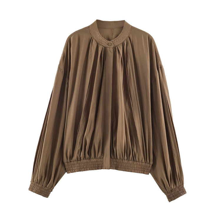 Dam lätt Pleated Blouson jacka med rund krage, Balloon ärmar och Smocked fåll