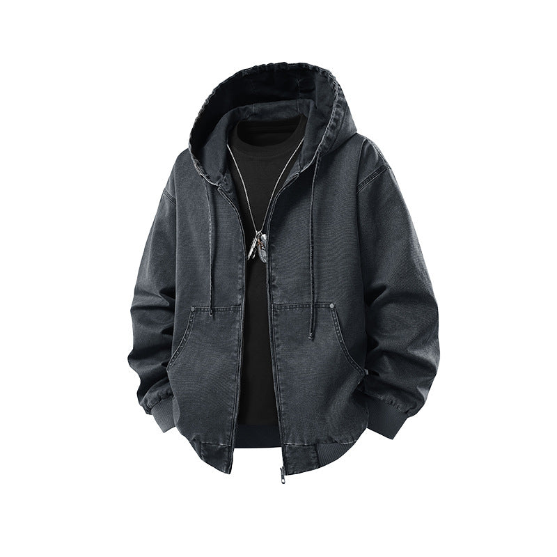 Herr Oversized Luvtröja Jacka Gjord av Washed Canvas med Dragkedja och Utility Fickor