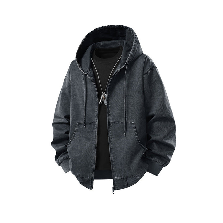 Herr Oversized Luvtröja Jacka Gjord av Washed Canvas med Dragkedja och Utility Fickor
