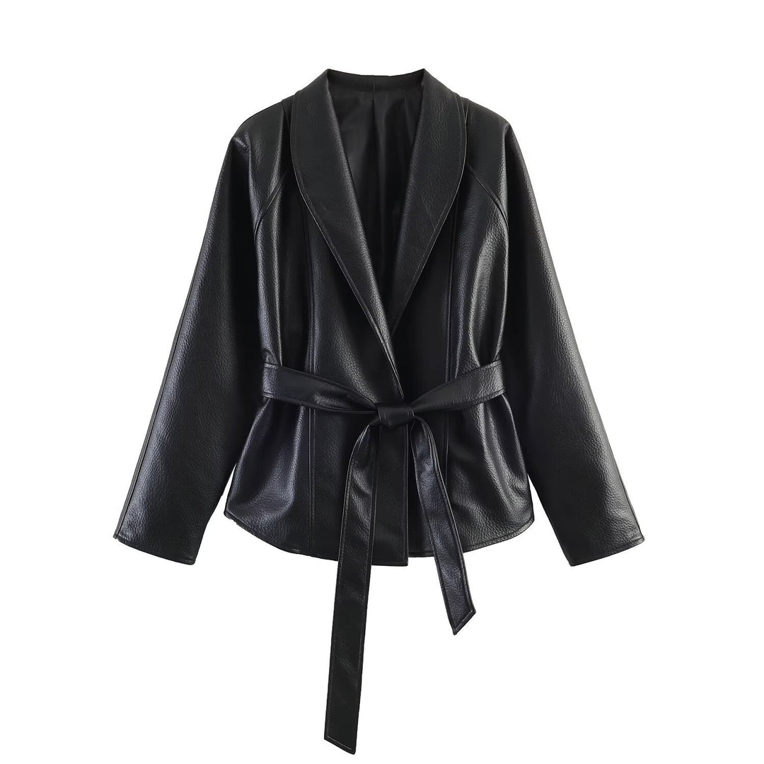 Dam Läderlook Wrap Jacka med Tie Belt