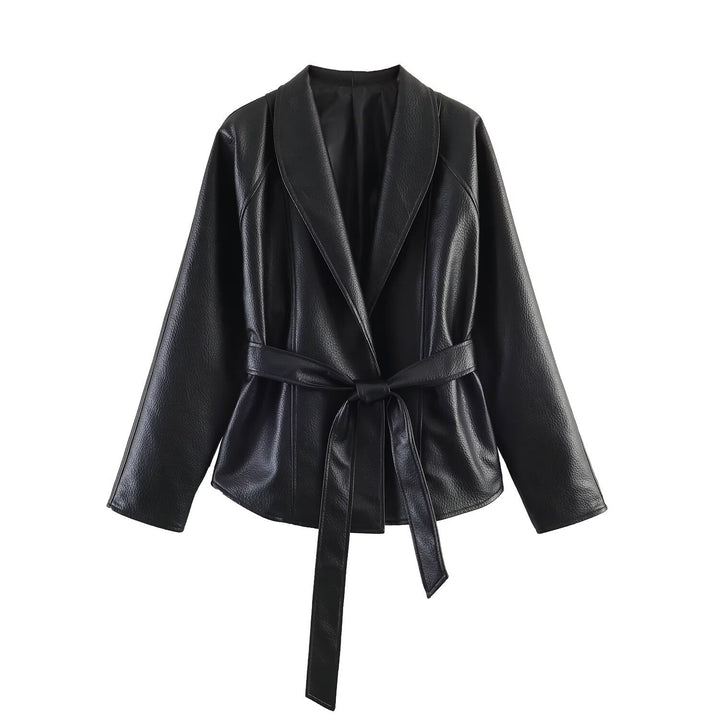 Dam Läderlook Wrap Jacka med Tie Belt