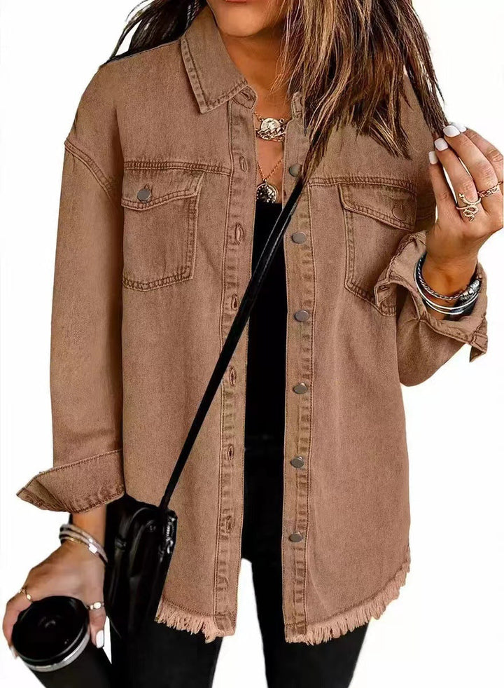 Dam oversize denim skjortjacka med Fringe fåll