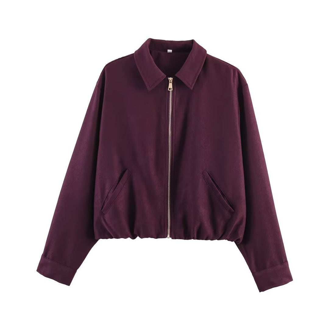 Dam Kort Blouson Jacka i Velour Look med Skjortkrage, Elastic Fåll och Sidofickor