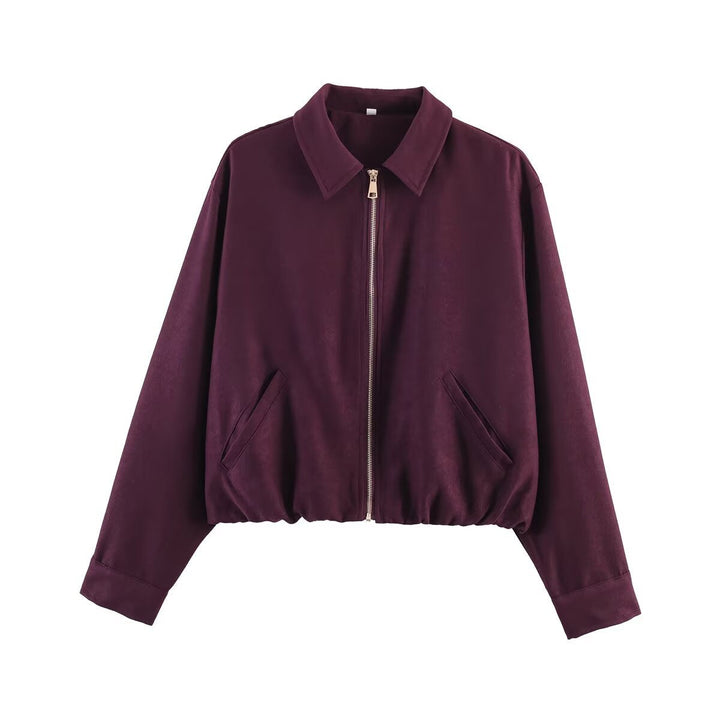 Dam Kort Blouson Jacka i Velour Look med Skjortkrage, Elastic Fåll och Sidofickor