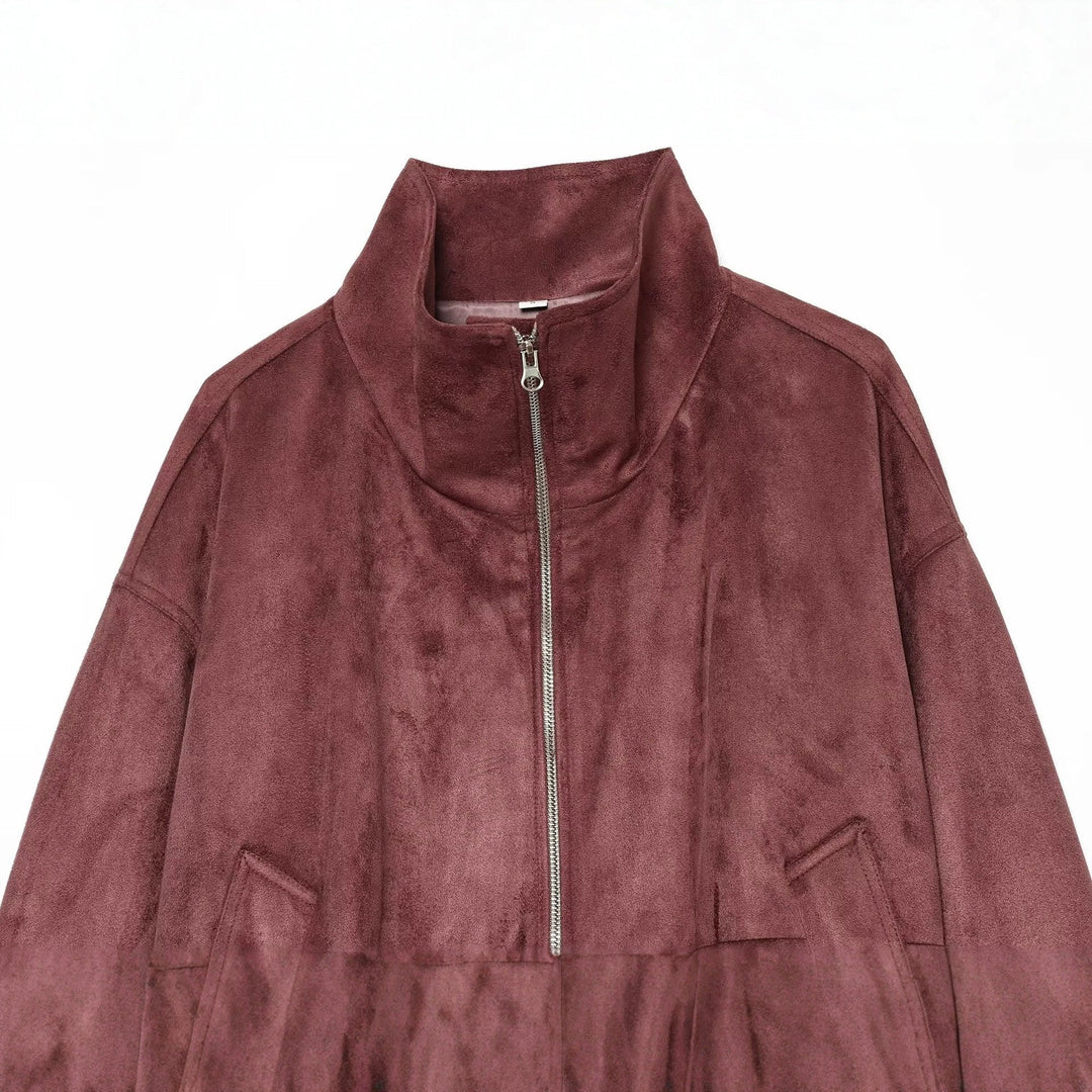 Dam Kort Suede Look Bomberjacka med Stå Krage och Elastic Nederkant