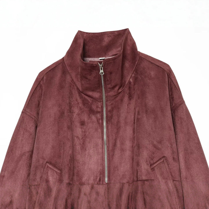 Dam Kort Suede Look Bomberjacka med Stå Krage och Elastic Nederkant