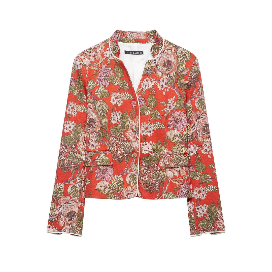 Dam Blommig Vävd Jacquard Bouclé Kort Jacka med Standing Krage