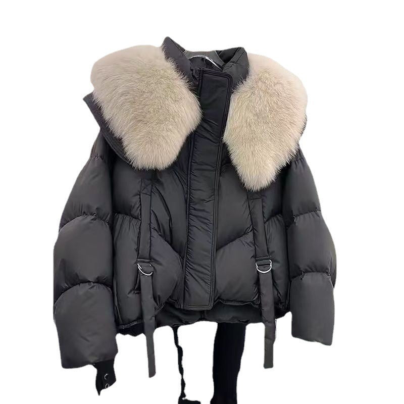 Dam nano kort thermo pufferjacka med detachable faux fur krage, hög closing ståkrage, och fåll med dragsko