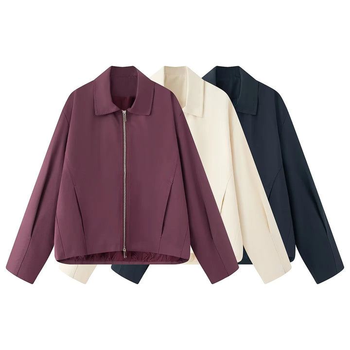 Dam lätt avslappnad boxy blousonjacka med concealed two-way dragkedja, hög krage, och side inset fickor