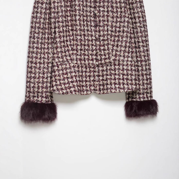Dam Kort Bouclé Tweedjacka med Stå Krage och Faux Fur Muddar