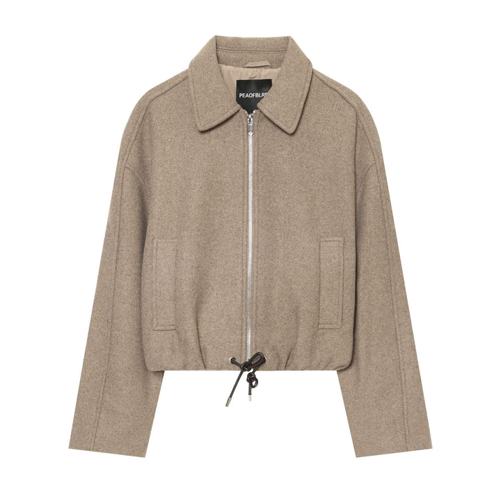 Dam kort ulljacka med hel dragkedja, lapel krage, och drawstring fåll