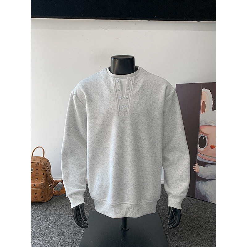 Herr Henley College-Tröja med Knapplist, Oversized Passform &amp; Ribbstickade Muddar