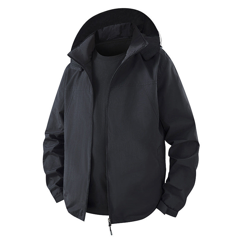 Herr Lätt Water-Repellent med Huva Shell Jacka med Andningsbar Mesh Foder och Adjustable Fåll