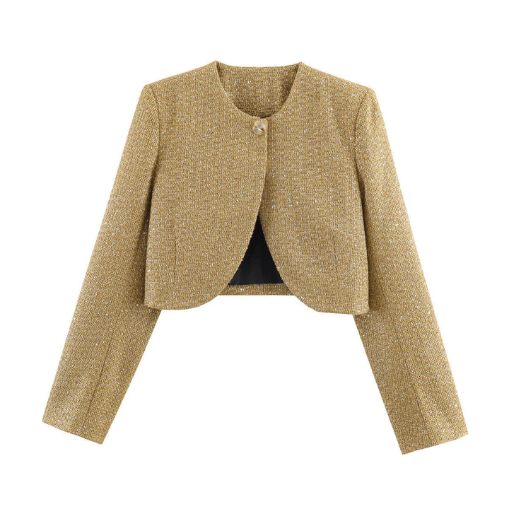 Dam kort Boucle blazer jacka med rund hals och Decorative Button