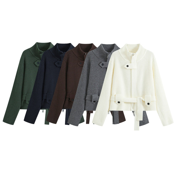 Dam Kort Kofta i Blouson Stil med Stå Krage och Tie Belt