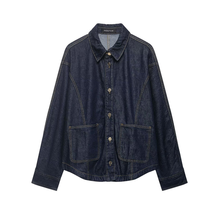 Dam Oversized Denim Jacka med Utanpåfickor och Decorative Stitches