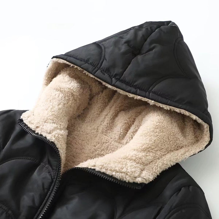 Dam quiltad Hooded jacka med mysig Teddy foder och sidofickor