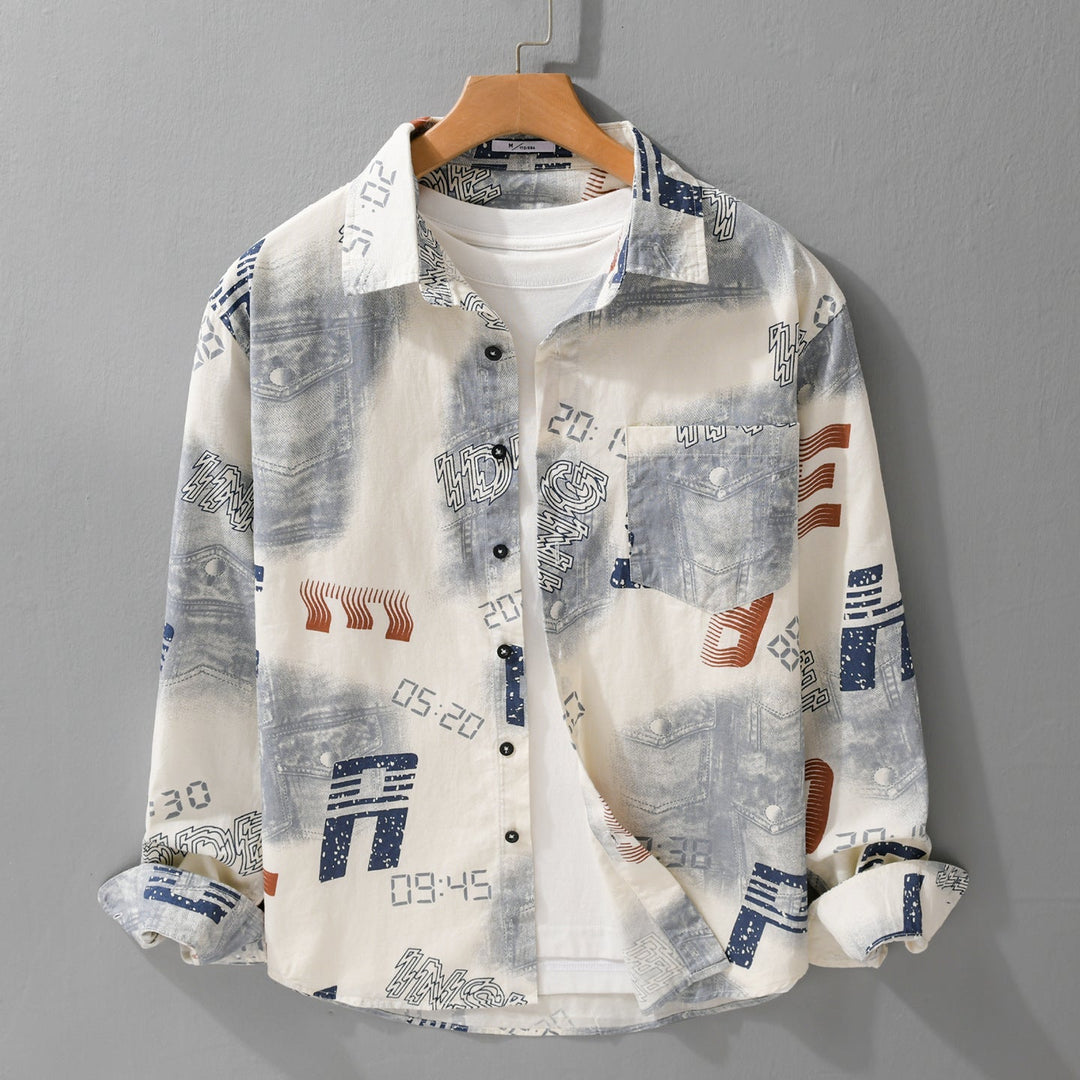 Herr Grafisk Tryck Overshirt i Avslappnad Passform med Bröstfickor