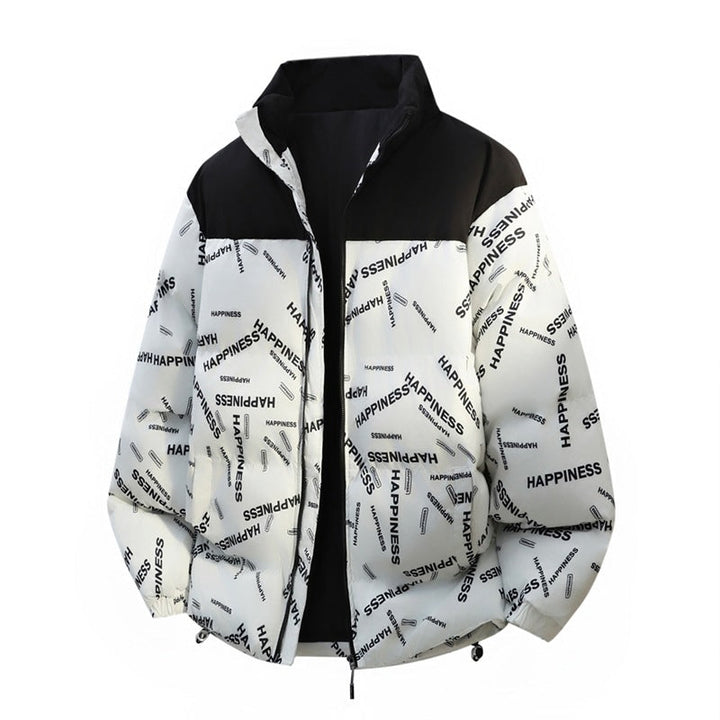 Unisex Oversize Vadderad Jacka med Allover Tryck, Stå Krage &amp; Drawstring Nederkant