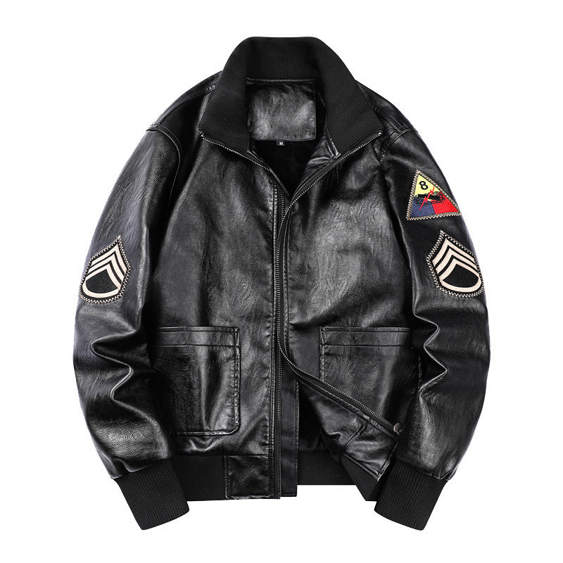 Herr Heritage Läder Blouson i Läder Look med Militär Patch Detaljer och Ribbad Krage