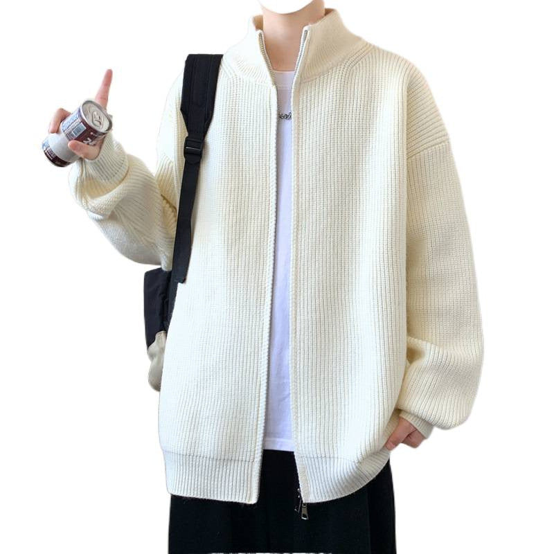 Herr Oversized Knit Zip Jacka med Hög Stående Krage och Fin Rib Structure