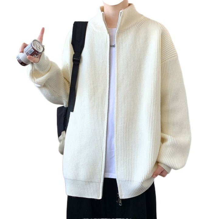 Herr Oversized Knit Zip Jacka med Hög Stående Krage och Fin Rib Structure