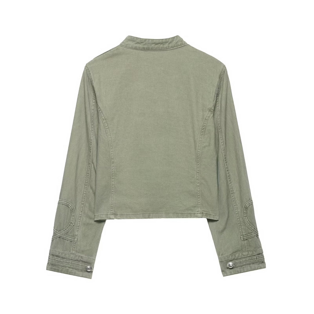 Dam Kort Military Jacka med Stå Krage, Dekorativ Knapp Knäppning, och Fitted Silhuett