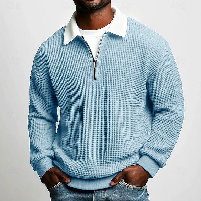 Herr Strukturerad Waffle Stickad Pullover med Polo Krage och Kort Dragkedja