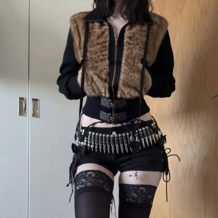 Dam kort jacka med faux fur front, high standing krage och figursydd ribbed waistband