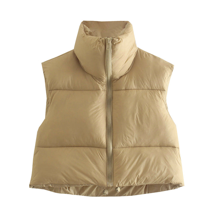 Dam Kort Quiltad Väst med Hög Stå Krage, Lätt Puffer Look och Justerbar Nederkant