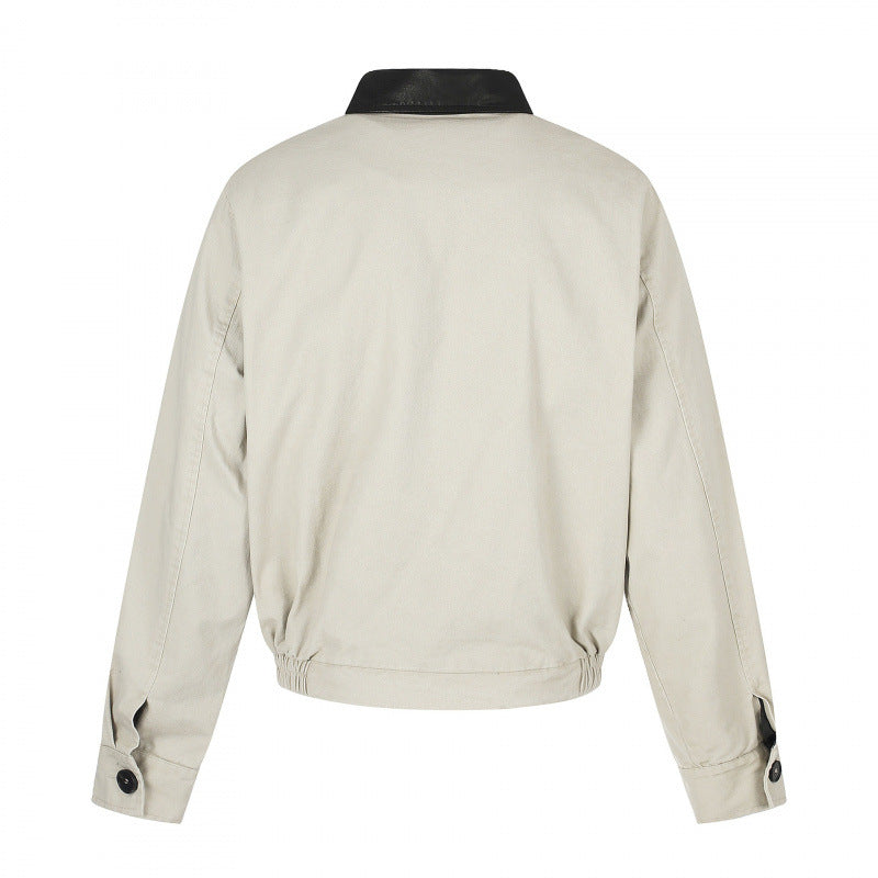 Herr short-cut bomber blouson jacka i vintage canvas med läder krage och midja belt