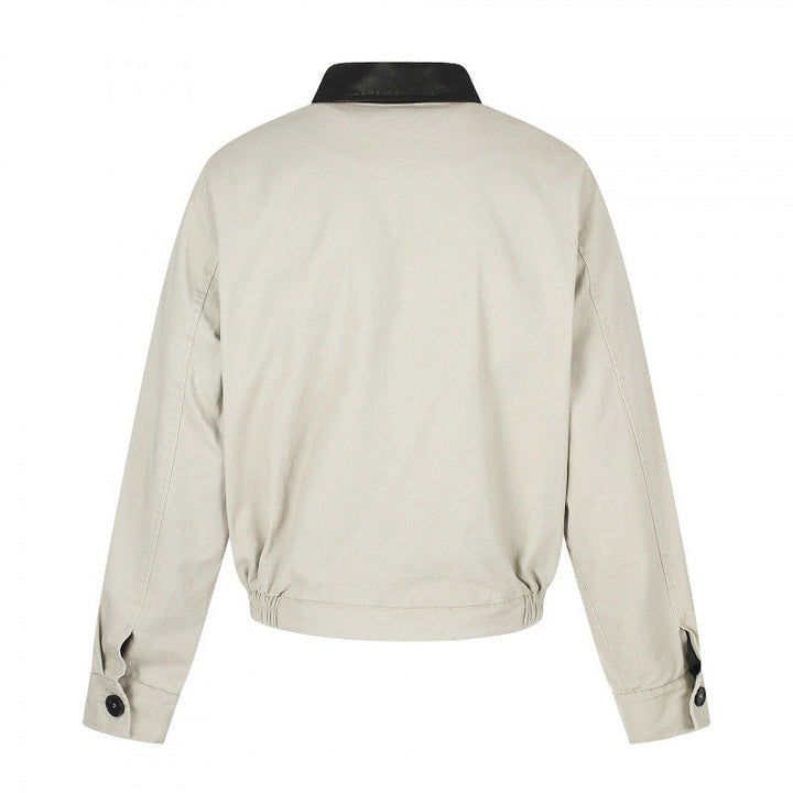 Herr short-cut bomber blouson jacka i vintage canvas med läder krage och midja belt