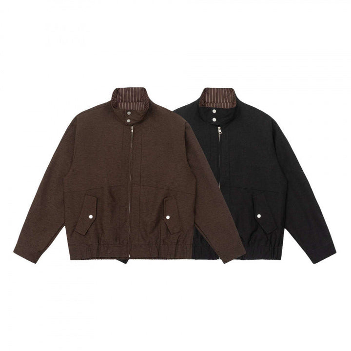 Herr boxig Dragkedja Blouson tillverkad av mottled stickad tyg med randig krage foder och elastisk fåll