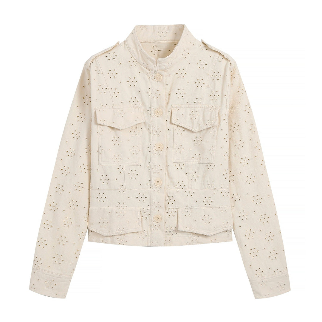 Dam Kort Skärning Broderie-Anglaise Fältjacka med Lock Fickor