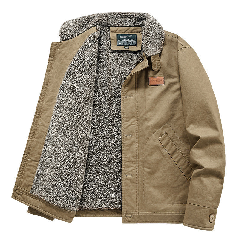Herr Rugged Canvas Worker Jacka med Voluminous Sherpa Inre Foder och Hög Krage