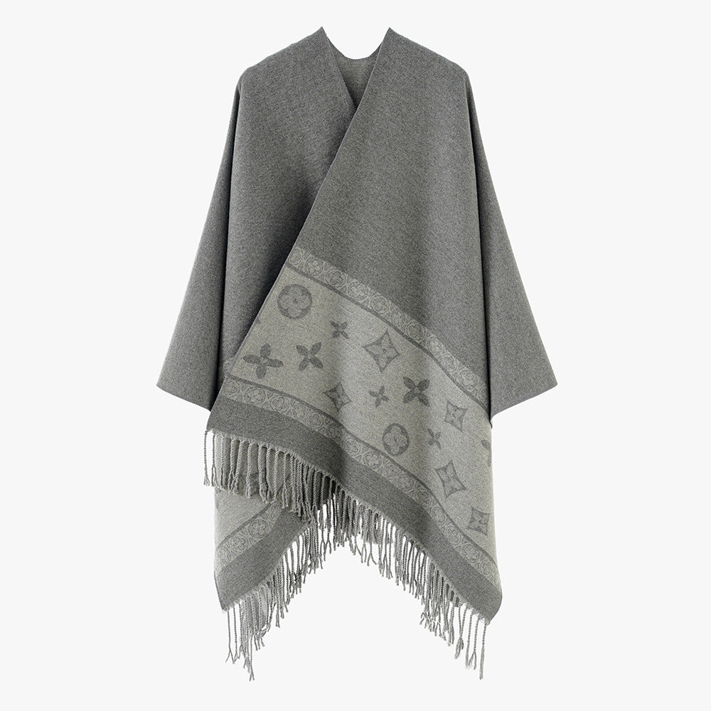 Dam oversized Rectangular poncho tillverkad av ullblandning med Woven Jacquard Border och Fringed fåll