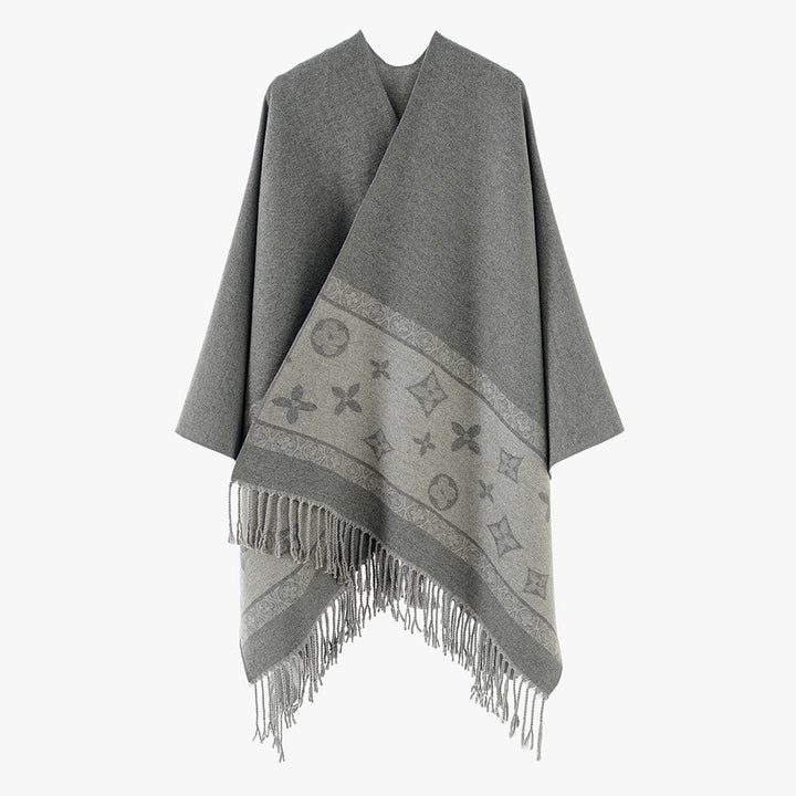 Dam oversized Rectangular poncho tillverkad av ullblandning med Woven Jacquard Border och Fringed fåll